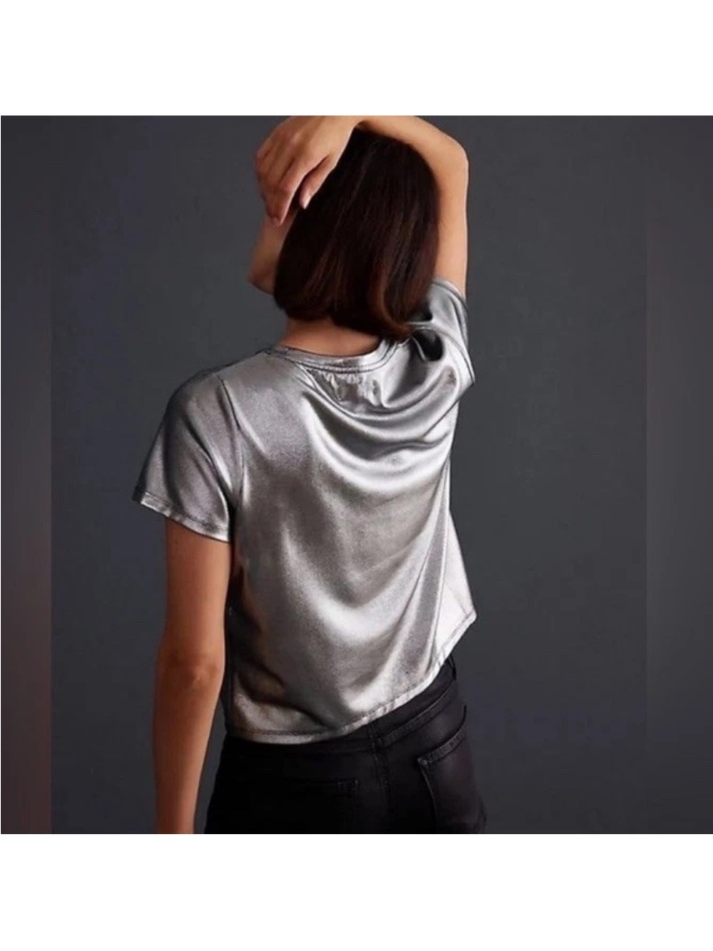 Porridge Top Womens M Silver Glam Tee Metallic Short Sleeve Shiny Shimmer Crew - Picture 6 of 10